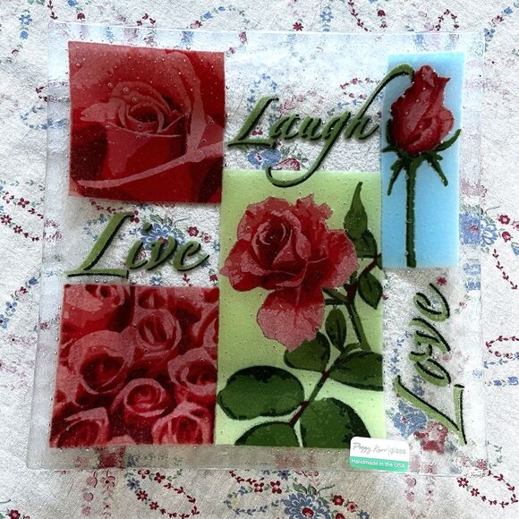 Peggy Karr 10" Square Plate Platter Live Love Laugh Rose Fused Art Glass RARE - Picture 2 of 5
